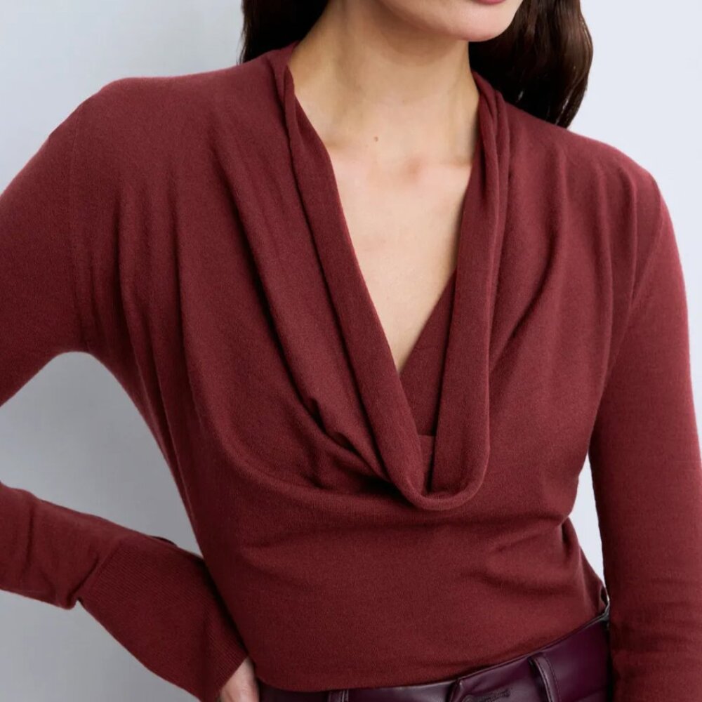 Simkhai Burgundy Draped Cowl Neck Long Sleeve Knit Top XS FLAWED